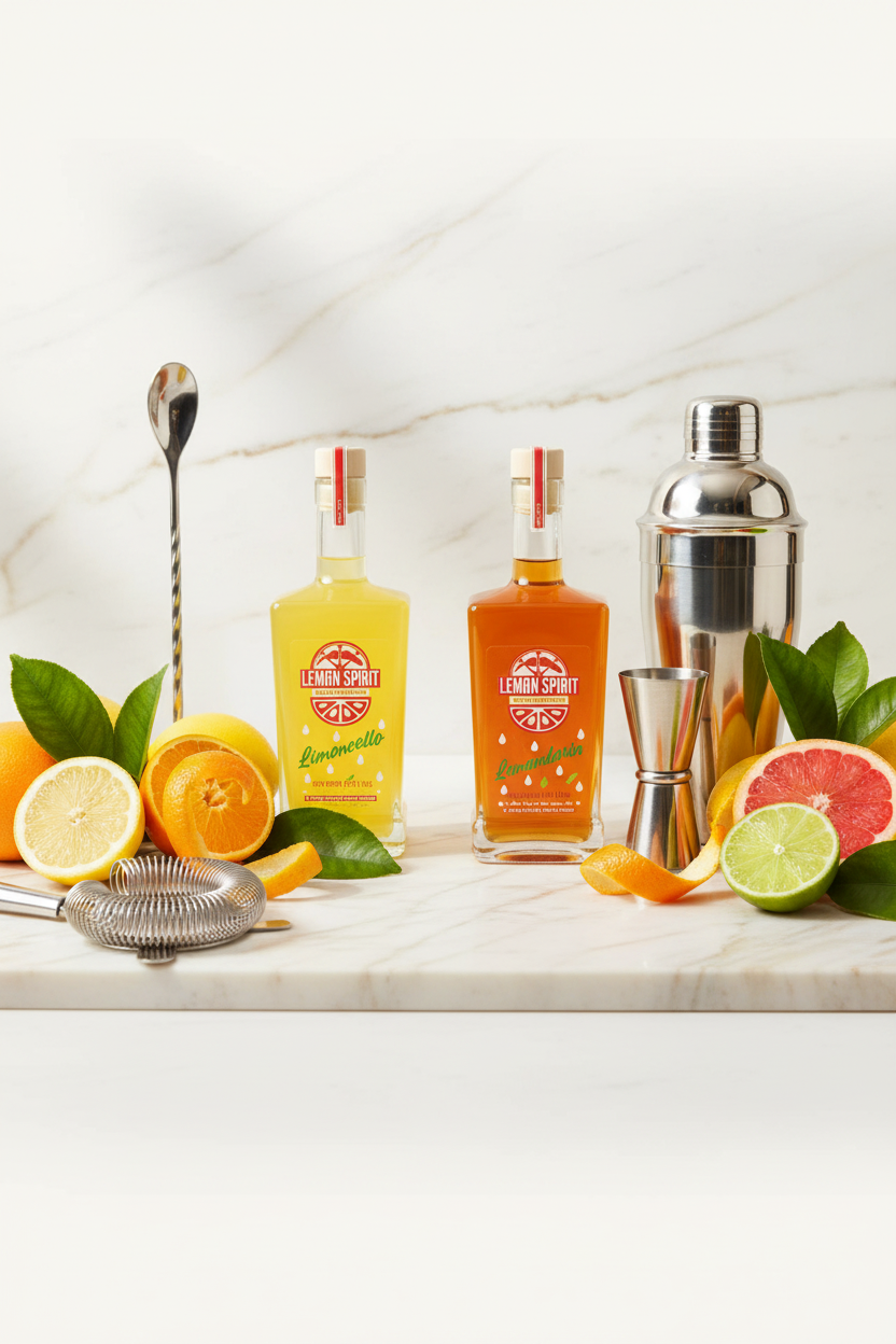 Composizione premium Leman Spirit con bottiglie fedeli agli originali, agrumi e attrezzi da cocktail