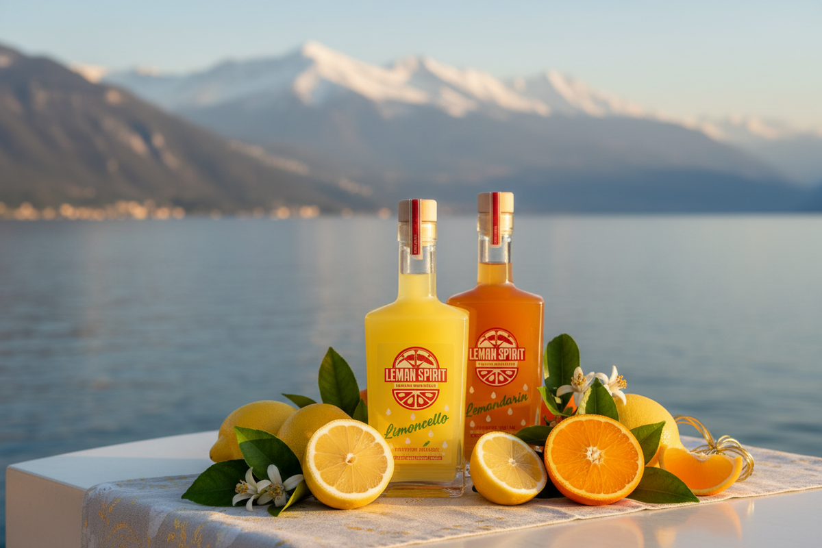 À Propos Leman Spirit - hero bottiglie e lago Lemano